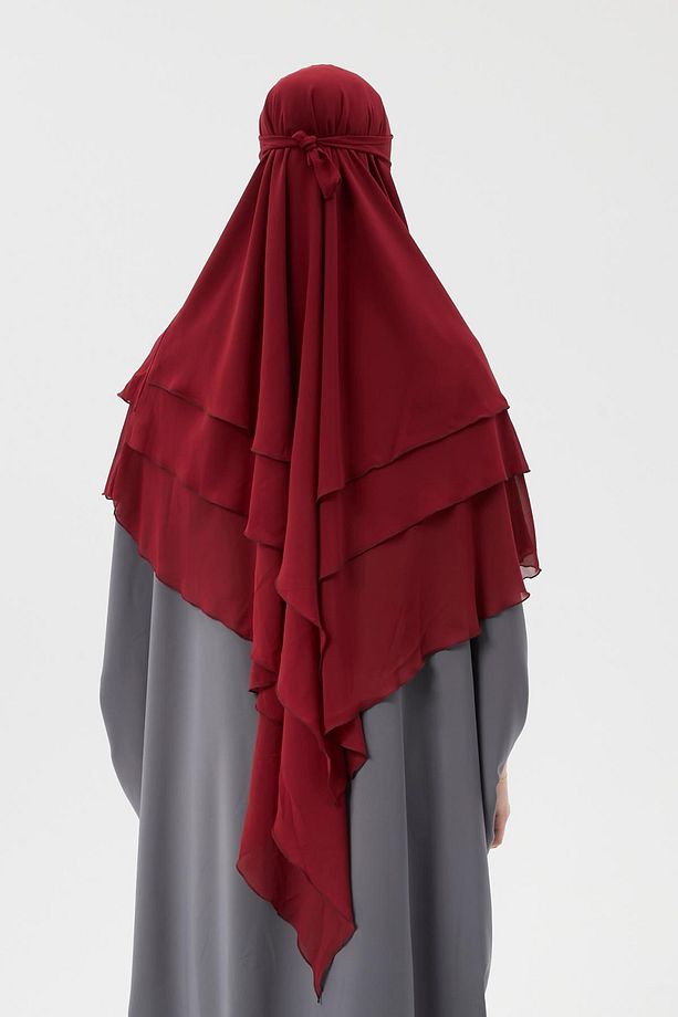 Hazır Pratik Şifon Üç Katlı Peçeli Üçgen Hac Umre Şalı Sufle Hijab Nikap Bordo - 4