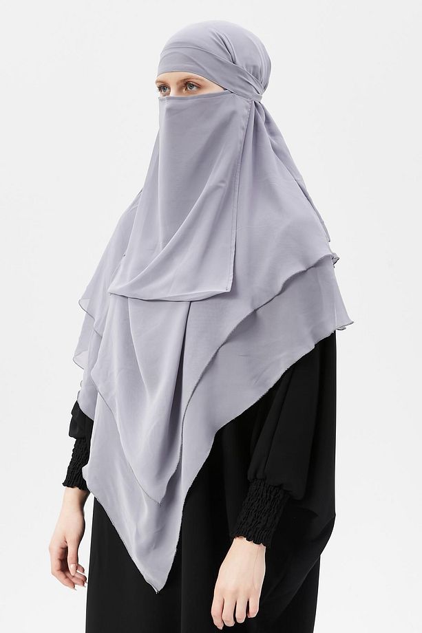Hazır Pratik Şifon Üç Katlı Peçeli Üçgen Hac Umre Şalı Sufle Hijab Nikap Gri - 6