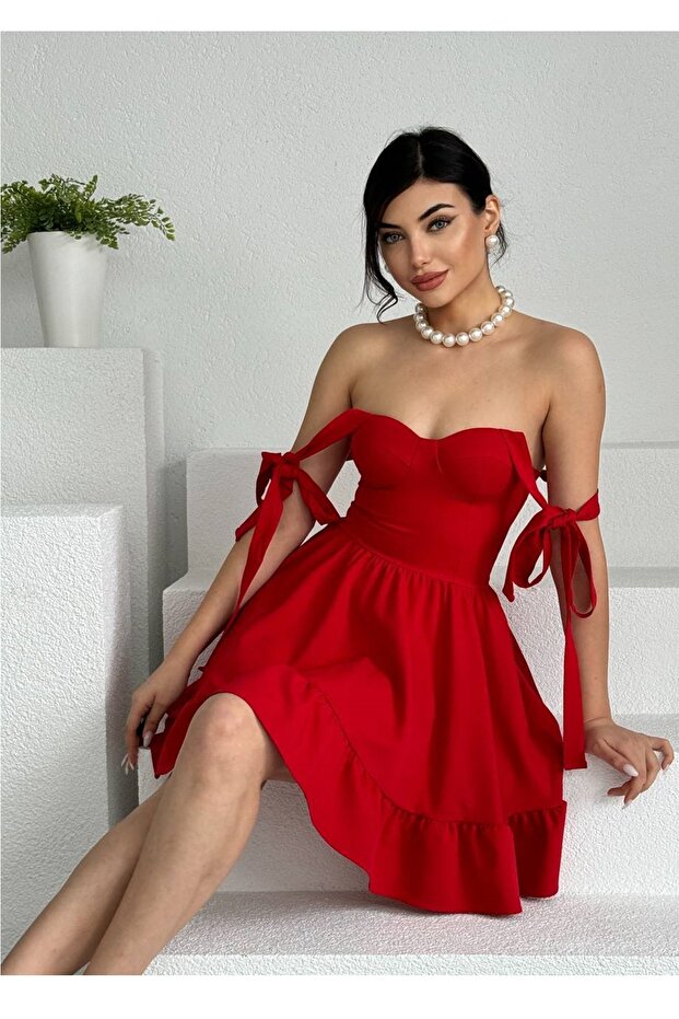 Women's Atlas Fabric Flared Red Mini Evening Dress with Chest Pad and Tie Strap Design 236 - 2