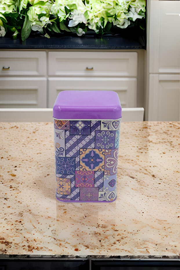 Ef022-o0 Purple Plaid Patterned Flat Purple Patterned Square Metal Storage Container 11x11 Cm