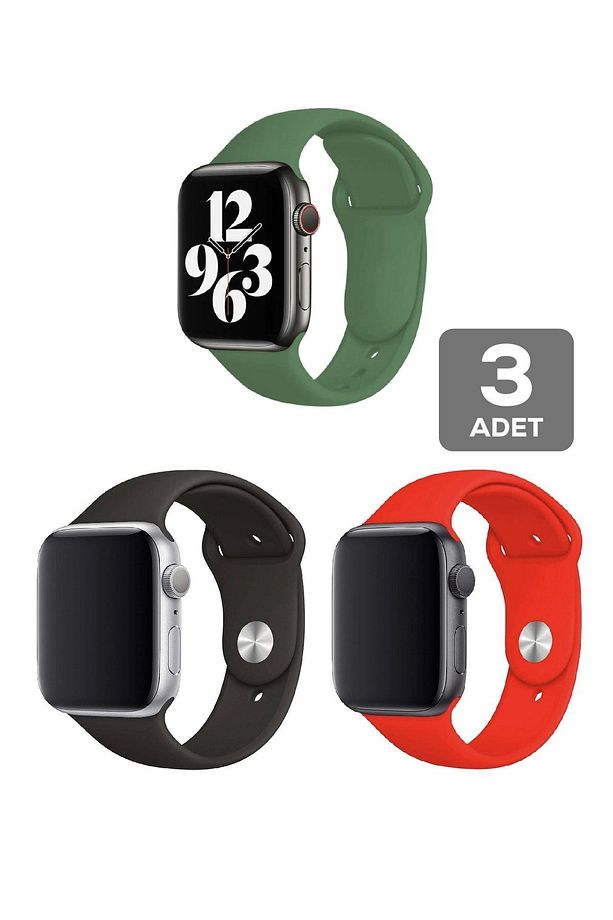 Apple Watch 4 5 6 7 8 9 10 Se 38 40 41mm Kordon Kayış 3 Adet Set Bileklik Klasik Kaliteli Silikon - 1
