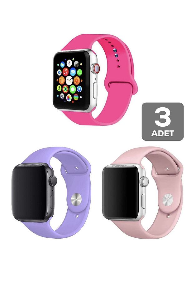 Apple Watch 4 5 6 7 8 9 10 Se 38 40 41mm Kordon Kayış 3 Adet Set Bileklik Klasik Kaliteli Silikon - 1