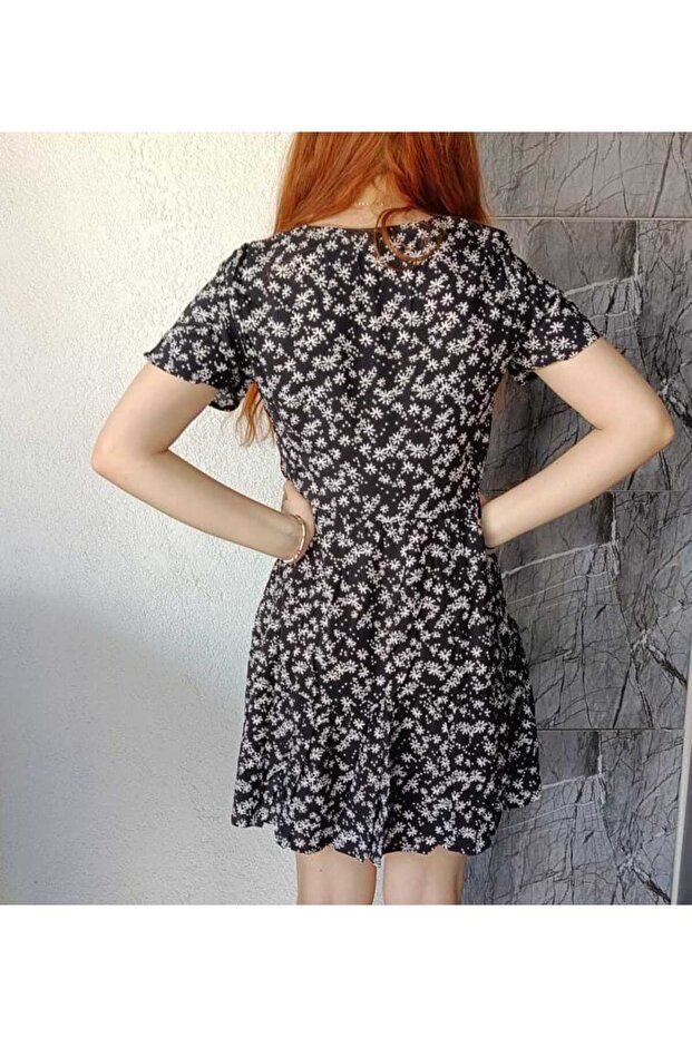 Kübra Tekstil V-Neck Crispy Patterned Mini Dress Kt01836- Trendyol
