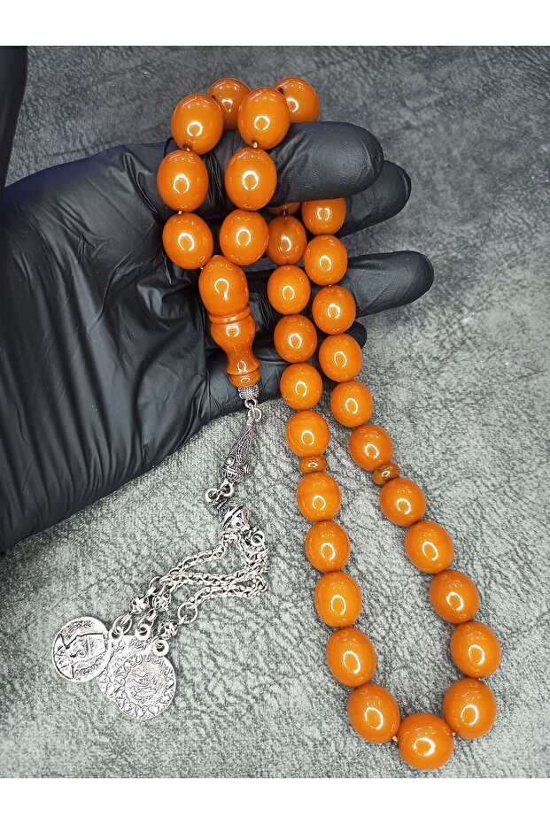 Old Moire Crimped Amber Prayer Beads - Large Size