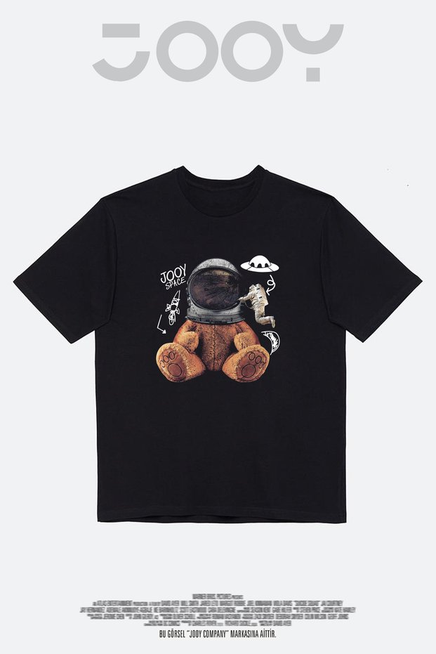 Astronaut Bear Printed Black Oversize T-Shirt