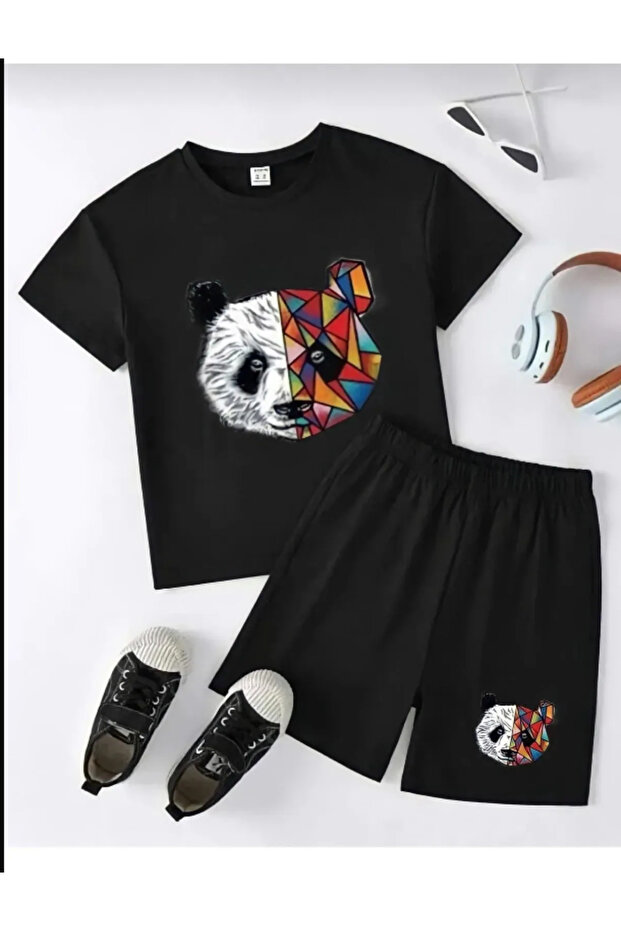 Children's Trend Model Black Short Suit Colorful Panda Printed Cotton