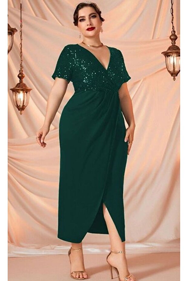 Women's Double-Breasted Collar Top Sequin Short Sleeve Front Slit Sandy Stretch Evening Dress