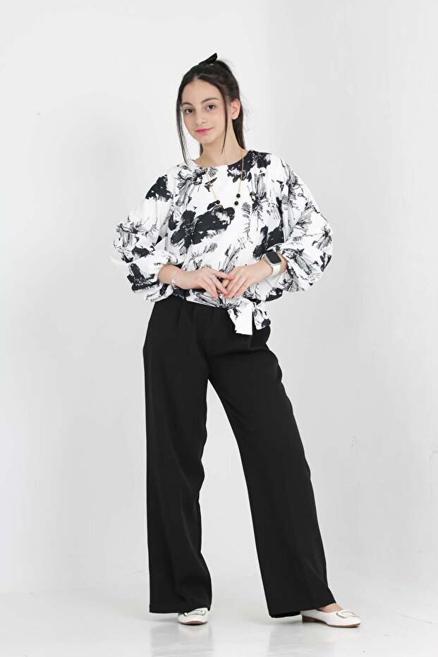 Young Girl's Holiday Double Set Combination Trousers-Floral Patterned Shirt Set