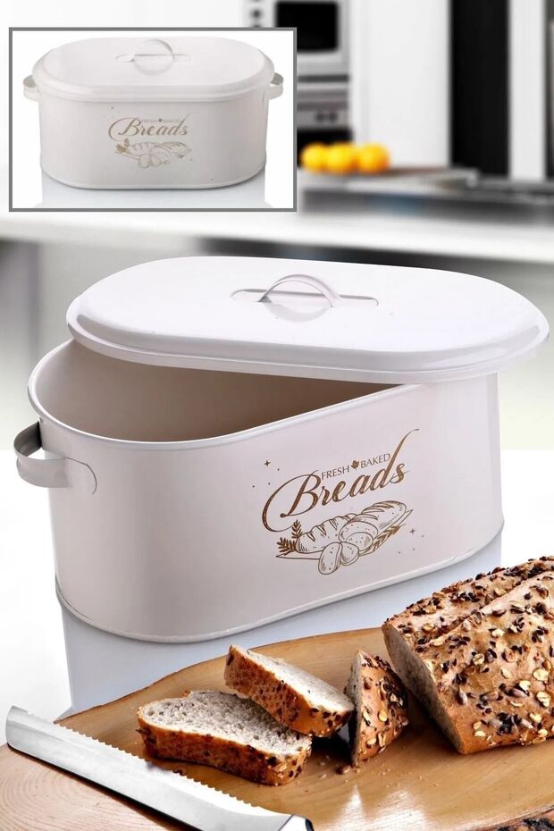 White Bread Holder Large Size Patterned Metal Decorative Bread Storage Box with Lid