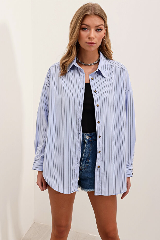 Kadın Bebe Mavi Siyah Çizgili Oversize Uzun Basic Gömlek 3900 - 4