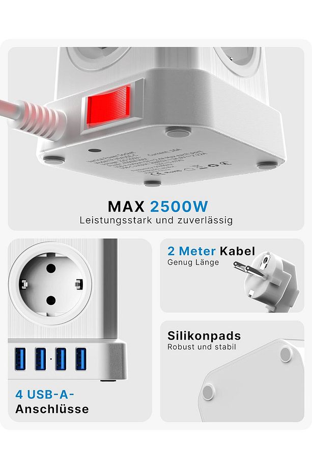 PowerCube 9'u 1 Arada USB'li Priz, Yüksek Gerilim Koruması 2500W 2M Kablo - 5