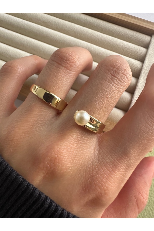 Gold Pearl Two Finger Ring - 2