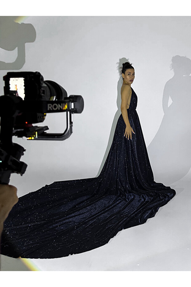 Özel Tasarım Simli Siyah Uzun Elbise - 4