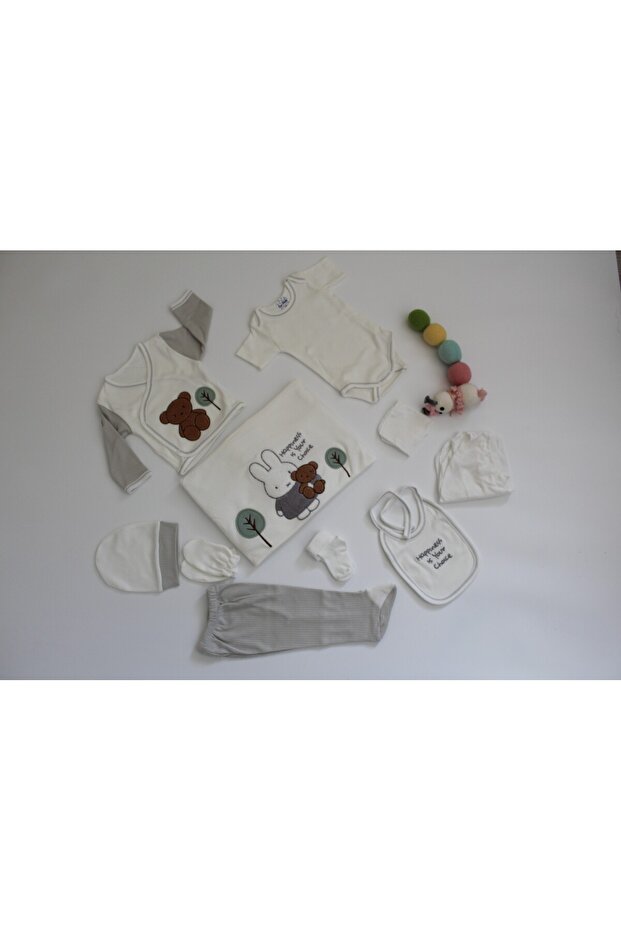 CUBBİCO Süzene Rabbit Embroidered Report Fabric Organic 10-Piece Bodysuit Set Hospital Exit
