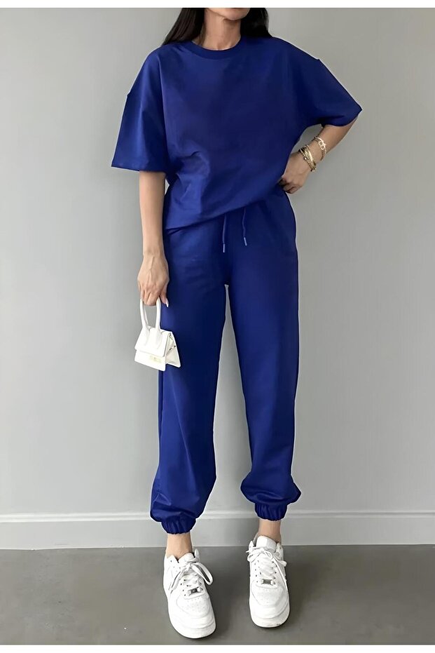trendgar duz mavi kadın eşofman takımı t-shirt-jogger