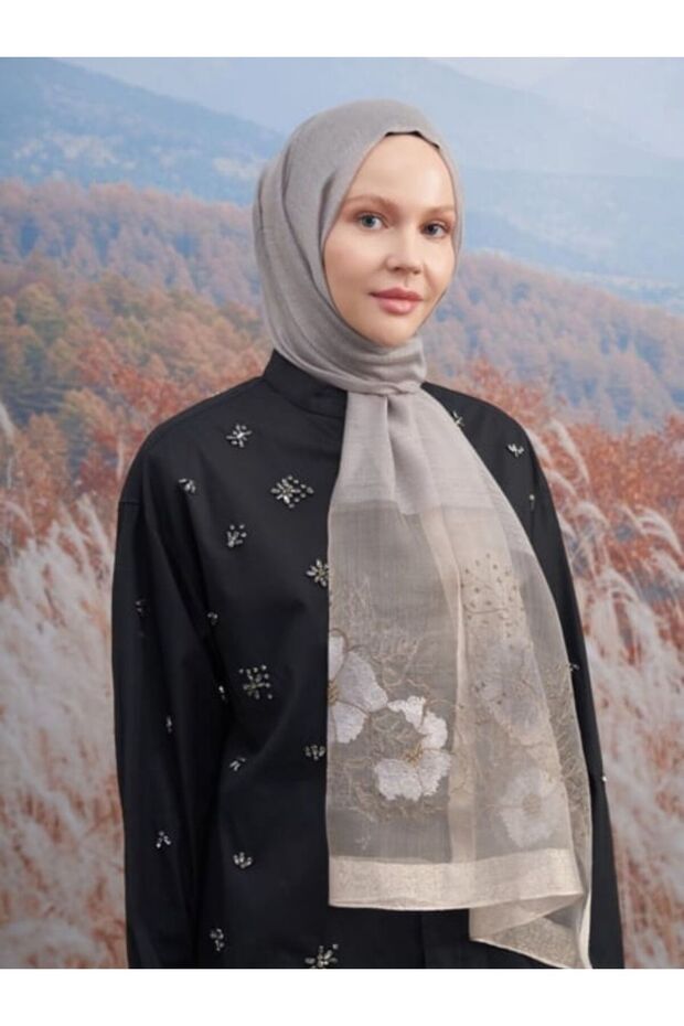 Embroidered Turquoise Shawl - Gray