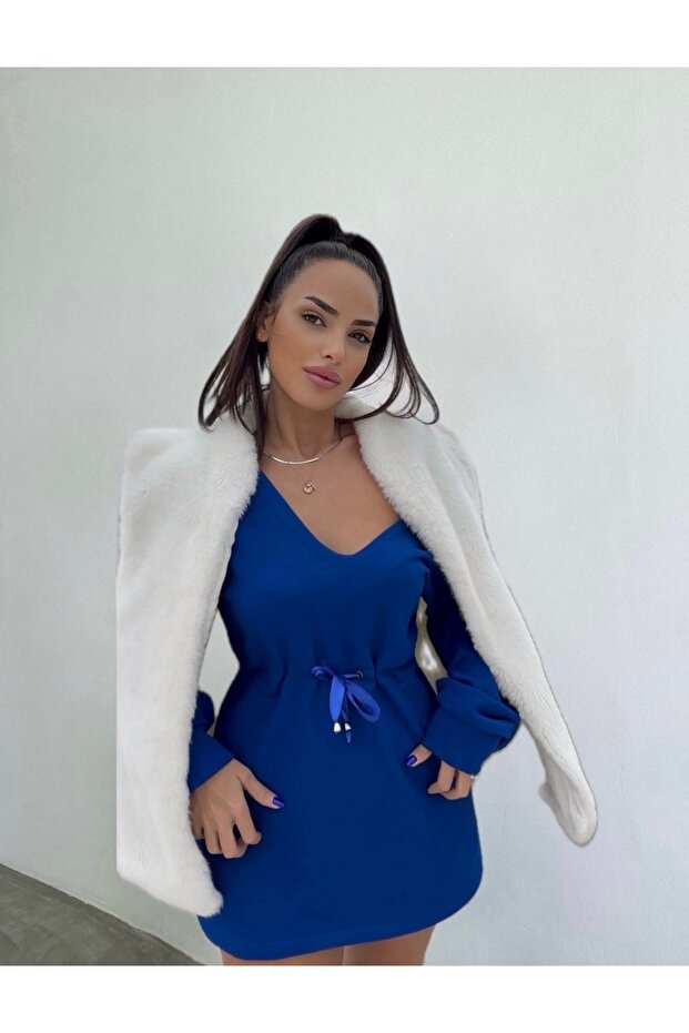 Saks mavi mini elbise - 1