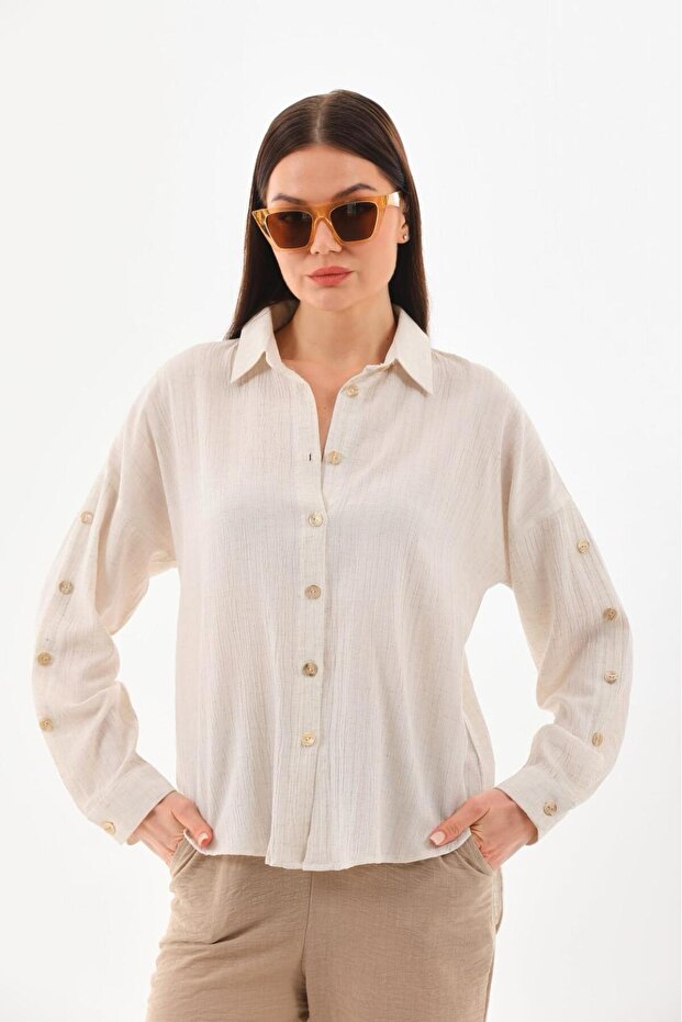 NATURAL BEIGE,BLACK.VISON COLOR-LINEN WOMEN'S SHIRT