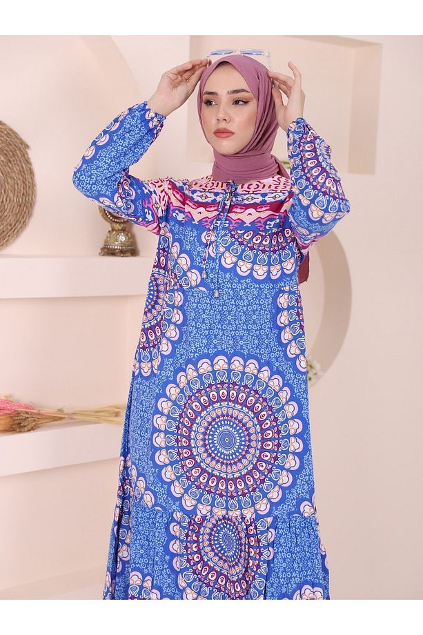 Parçalı Deseli Bağcıklı Kolu Lastikli Elbise - 4