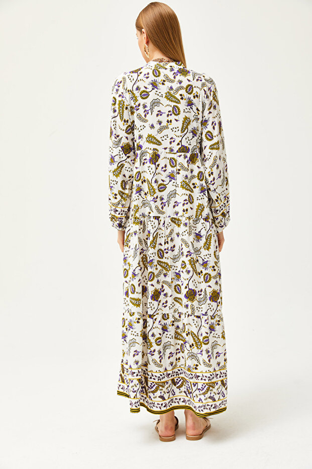 Damska szalowa, olejowo-zielona kołnierzyka, szczegółowa, luźna sukienka maxi zapinana na guziki ELB-19002057 - 7