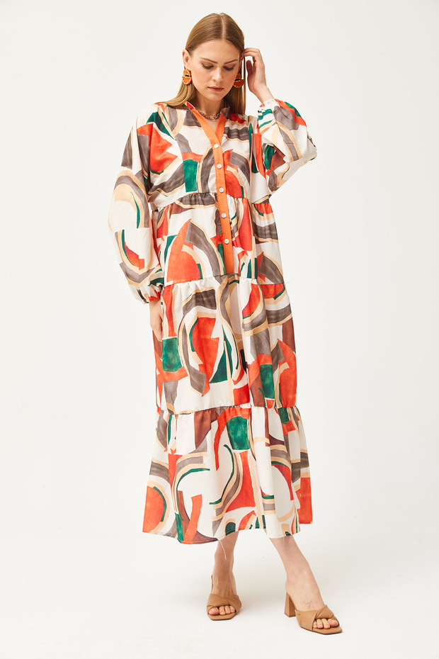 Női Kupra narancssárga gallér, részletes gombos bő maxi ruha ELB-19002057 - 3