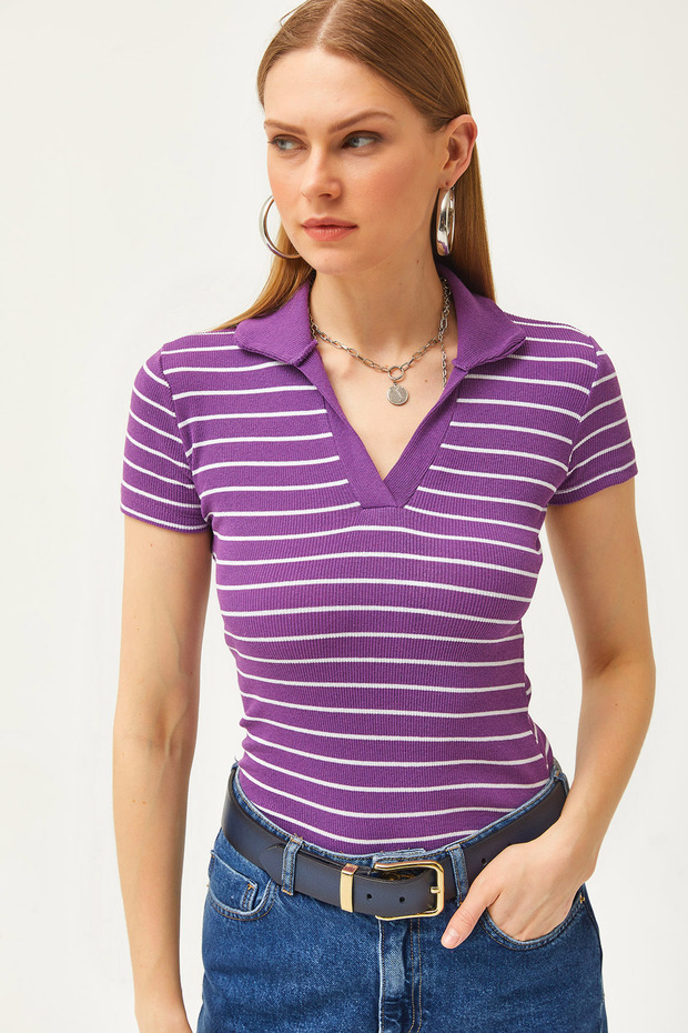 Women's Striped Purple Polo Neck Knitted Blouse BLZ-19002563