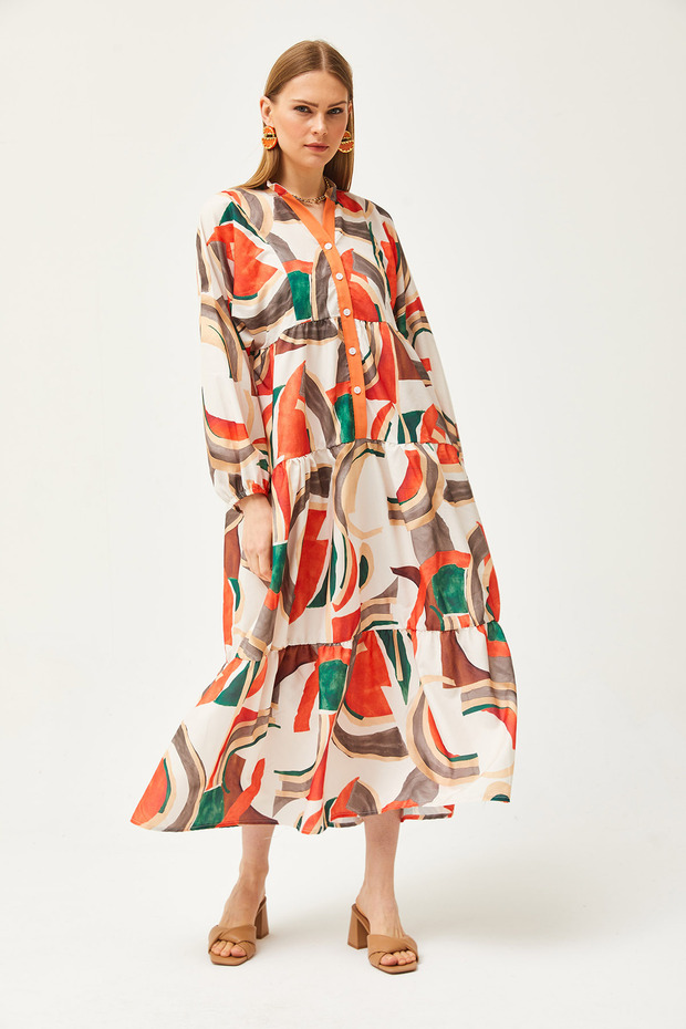 Női Kupra narancssárga gallér, részletes gombos bő maxi ruha ELB-19002057 - 2