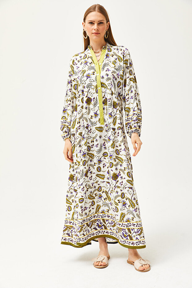 Damska szalowa, olejowo-zielona kołnierzyka, szczegółowa, luźna sukienka maxi zapinana na guziki ELB-19002057 - 2