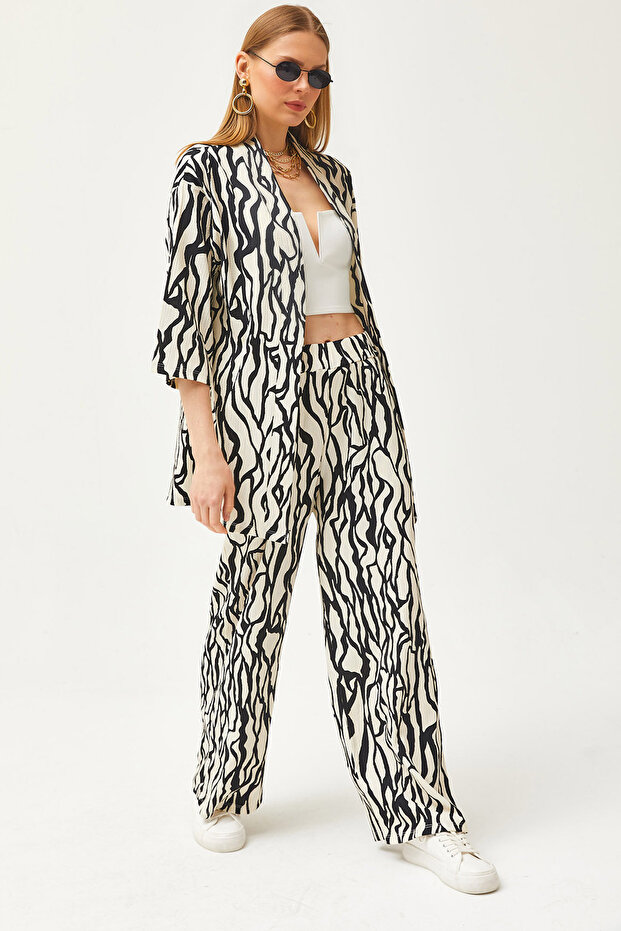 Women's Black Top Kimono Bottom Pocket Trousers Set TKM-19000276