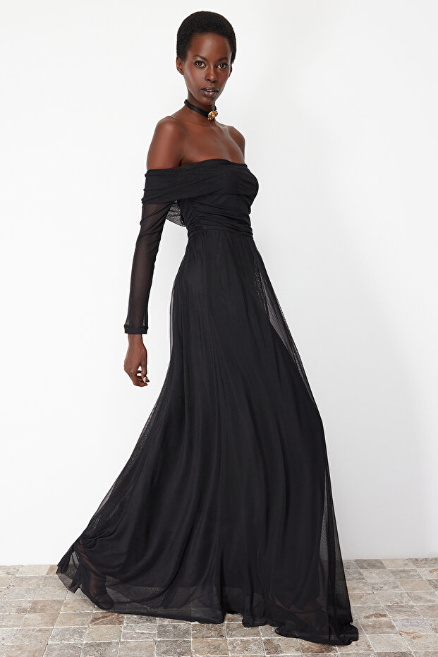 Black A-Line Carmen Neck Knit Tulle Long Elegant Evening Dress TPRSS24AE00068