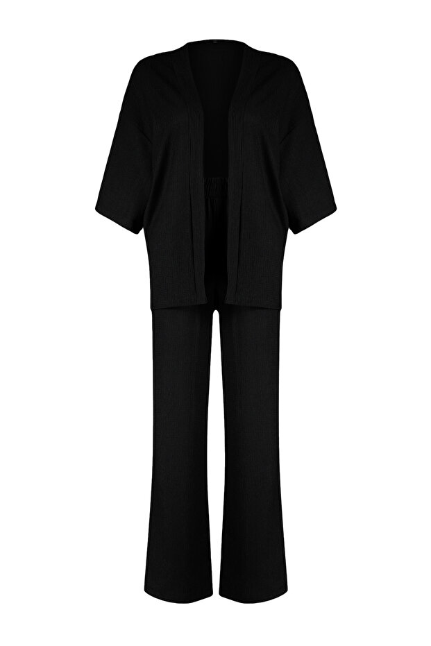 Siyah Relaxed/Rahat Kesim Örme Kimona Pantolon Alt-Üst Takım TWOSS24AU00091 - 8