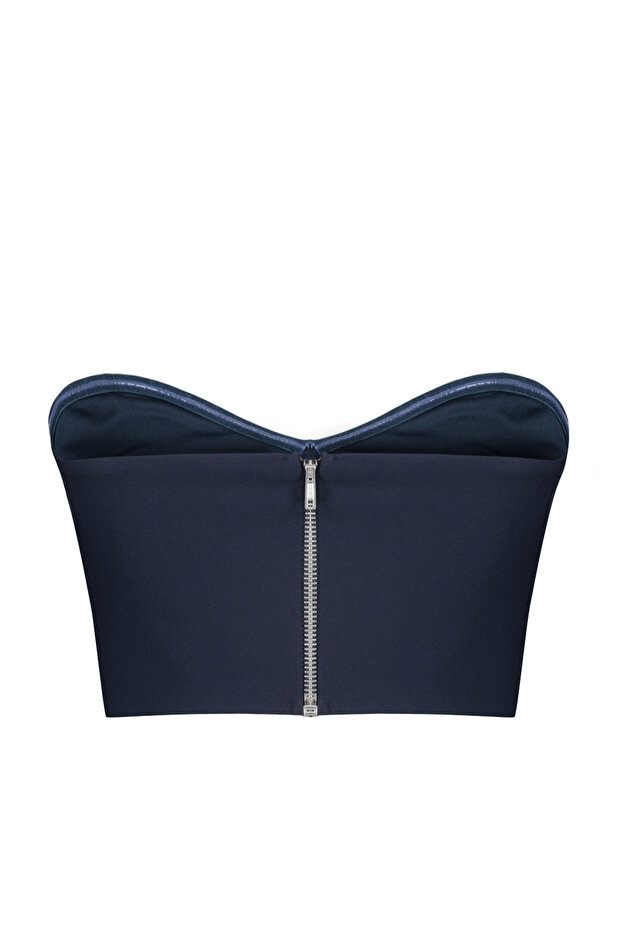 Lacivert Straplez Korse Crop Dokuma Bluz TWOSS24BZ00347 - 8