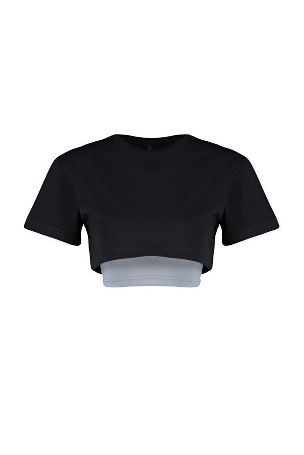 Siyah Gri Melanj 2 Katmanlı Reflektör Baskılı Crop Örme Spor T-Shirt THMSS24TS00001 - 7