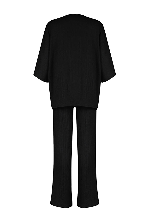 Siyah Relaxed/Rahat Kesim Örme Kimona Pantolon Alt-Üst Takım TWOSS24AU00091 - 9