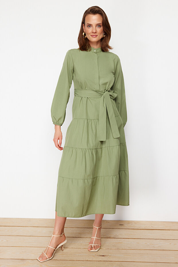 Light Khaki Belted Mandarin Collar Button-Detail Woven Dress TCTSS21EL3343