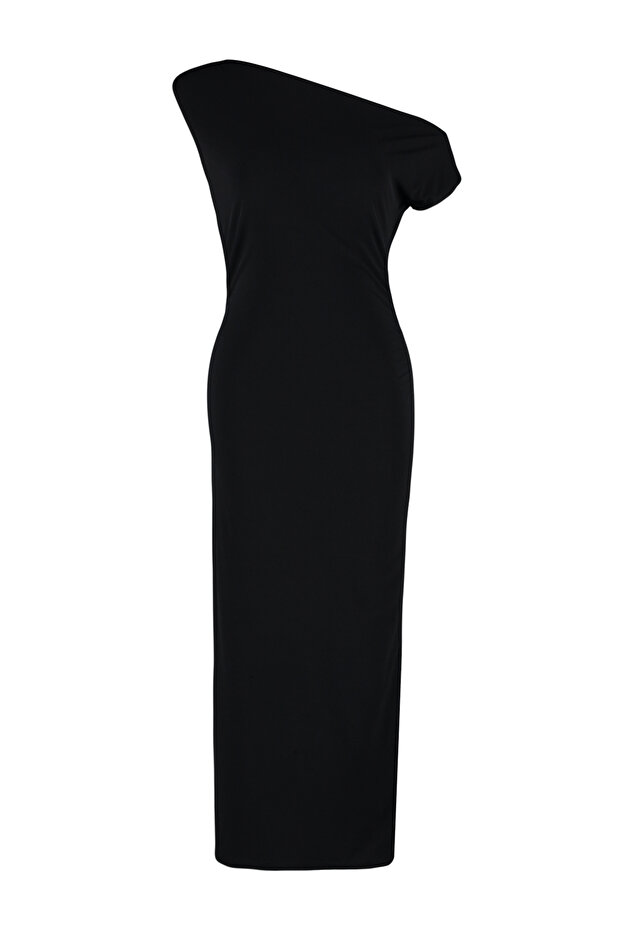 Siyah Fitted Vücuda Oturan Kayık Yaka Sıfır Kol Esnek Örme Örme Midi Kalem Elbise TWOSS24EL00662 - 7