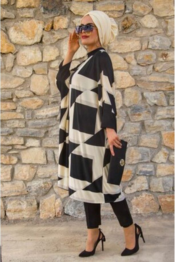 Ekru Siyah Kareli Oversize Tesettür Tunik - 7