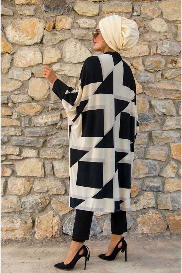 Ekru Siyah Kareli Oversize Tesettür Tunik - 4