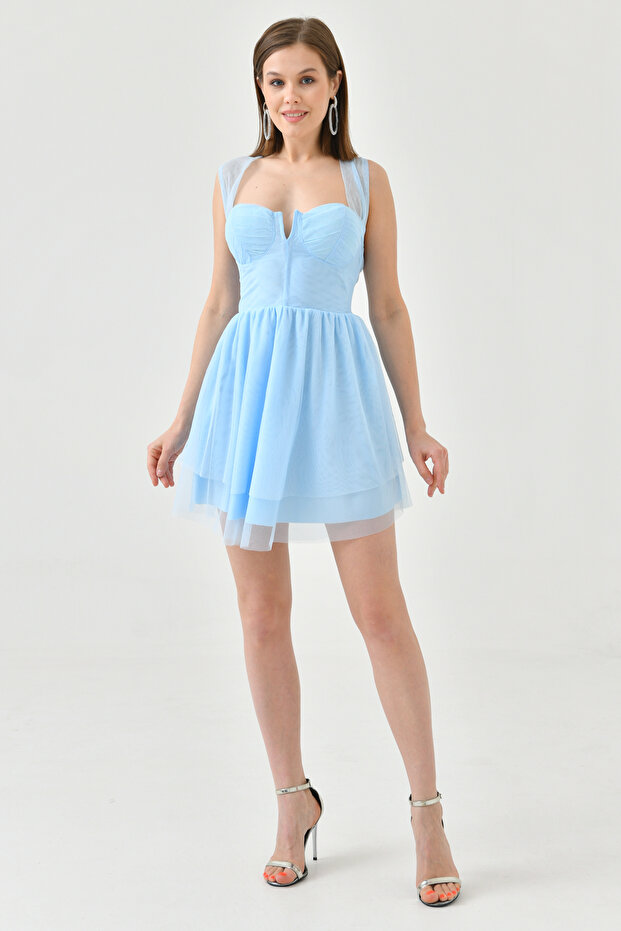 Tulle Fabric Backless Lacing Design Baby Blue Mini Evening Dress with Chest Support and Floor Skirt 162
