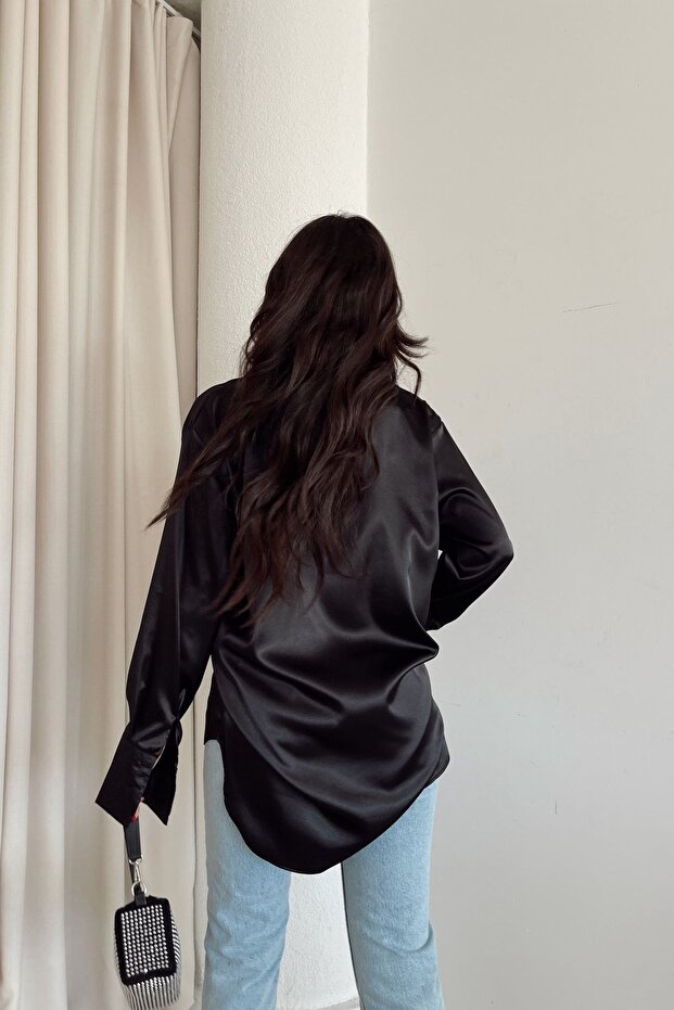 Basic Saten Gömlek Siyah - 4