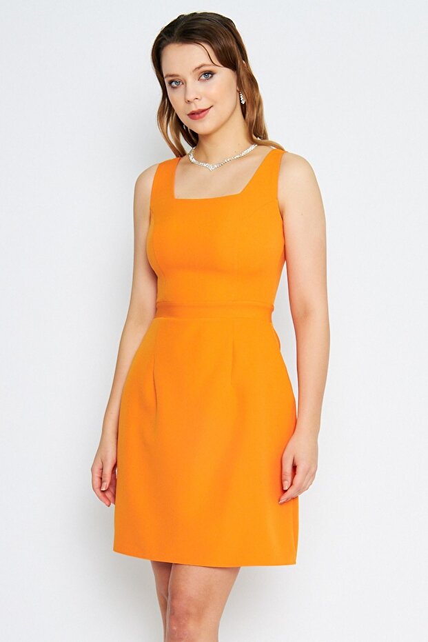 Women's Wide Strap Square Collar Mini Orange Dress