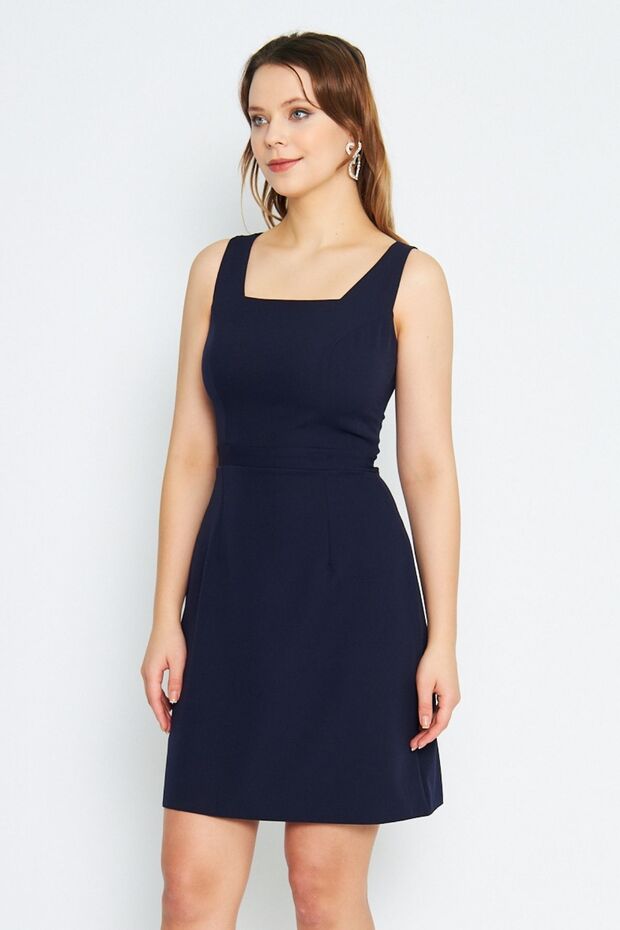 Women's Wide Strap Square Collar Mini Navy Blue Dress