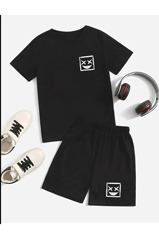 Children's Trend Model Black Short Suit Planet Printed Cotton