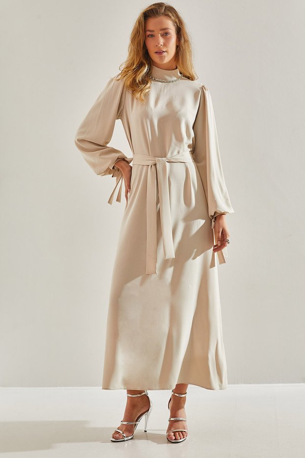 Women's Stone Modest Collar Stone Embroidered Belted Hijab Dress 60151021