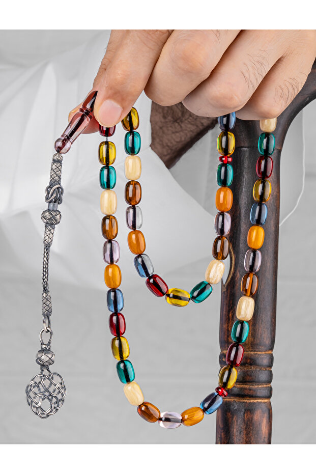 Colorful Fire Amber Stone 9-12 mm Silver Persimmon Hand Embroidered Tasseled Rosary