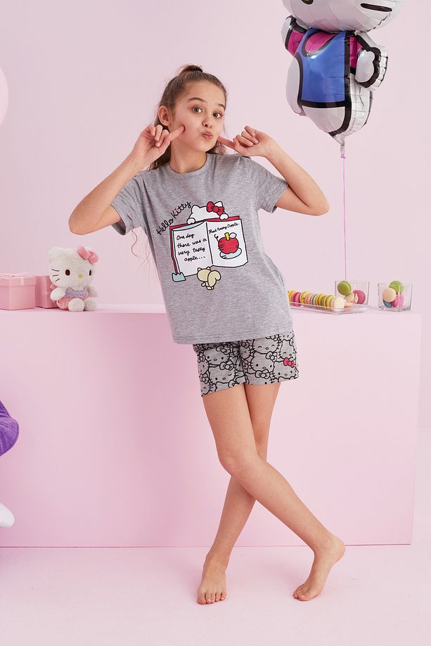 Hello Kitty Lisanslı %100 Pamuk Gri Çok Renkli Bisklet Yaka Şort Pijama Takım - 4