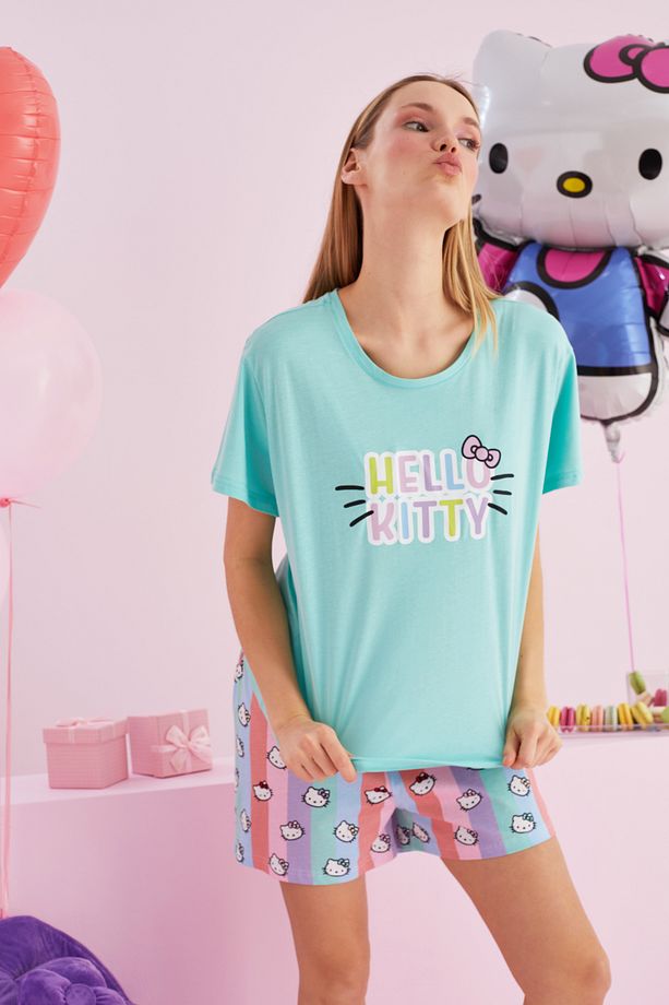 Hello Kitty Lisanslı %100 Pamuk Yeşil Çok Renkli Bisklet Yaka Şort Pijama Takım - 2