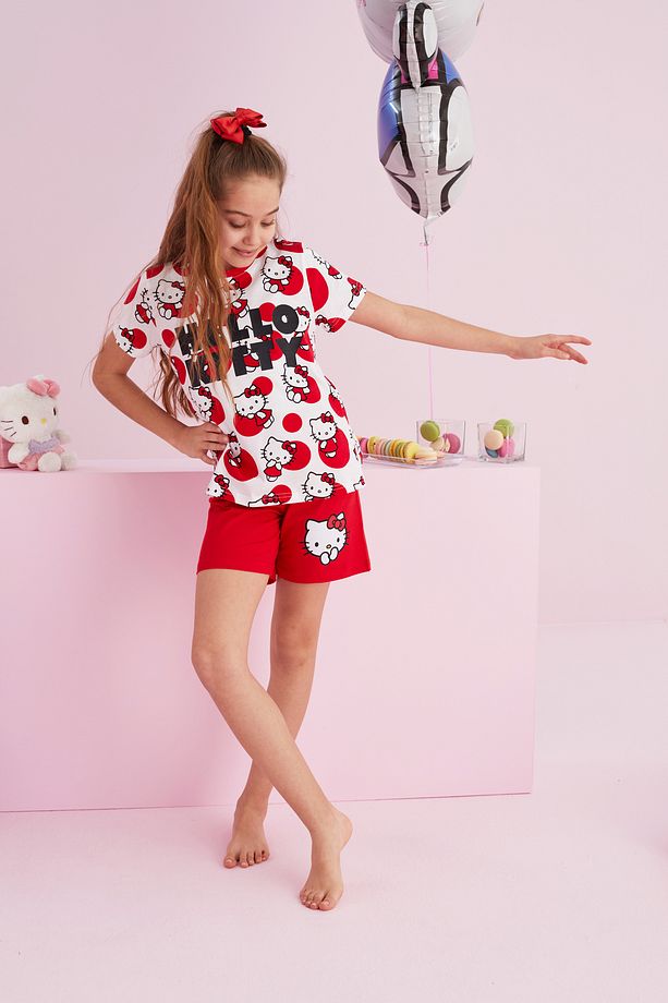 Hello Kitty Lisanslı %100 Pamuk Kırmızı Çok Renkli Bisklet Yaka Şort Pijama Takım - 4