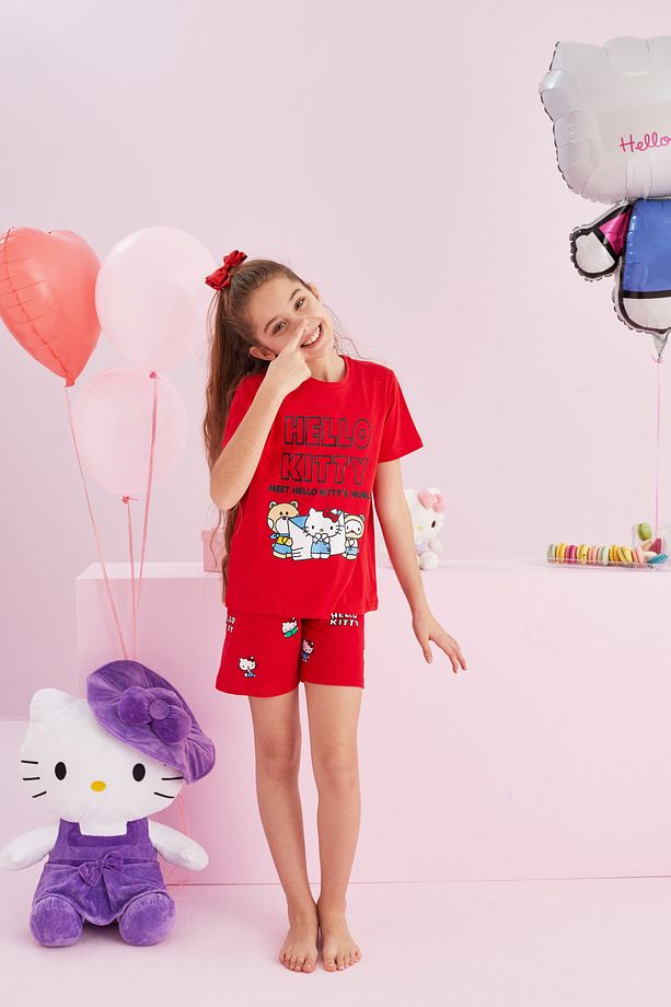 Hello Kitty Lisanslı %100 Pamuk Kırmızı Çok Renkli Bisklet Yaka Şort Pijama Takım - 4