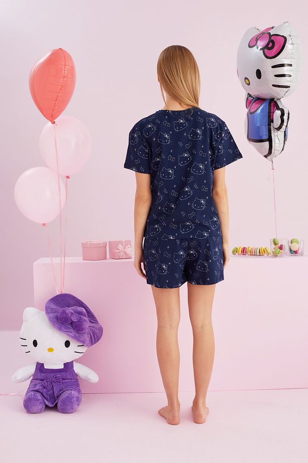 Hello Kitty Lisanslı %100 Pamuk Lacivert Çok Renkli Bisklet Yaka Şort Pijama Takım - 3
